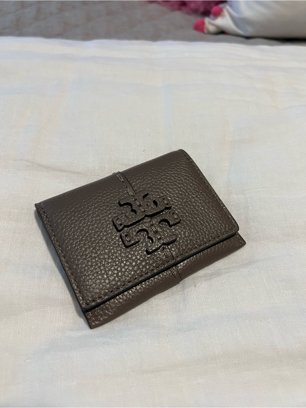 Tory Burch Pebbled Leather Card Holder Wallet - Brown